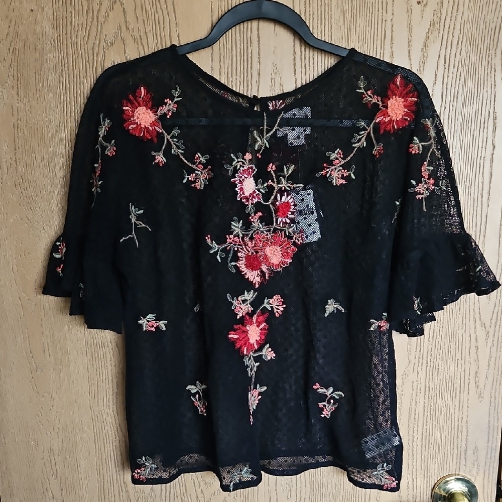 NWT Maeve By Anthropologie Black Top with Red Floral Embroidery